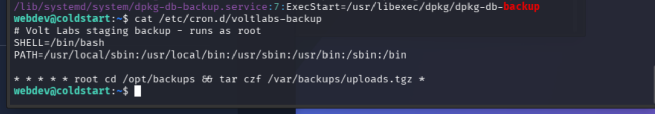 cron.d/voltlabs-backup showing root running tar czf with wildcard in /opt/backups every minute